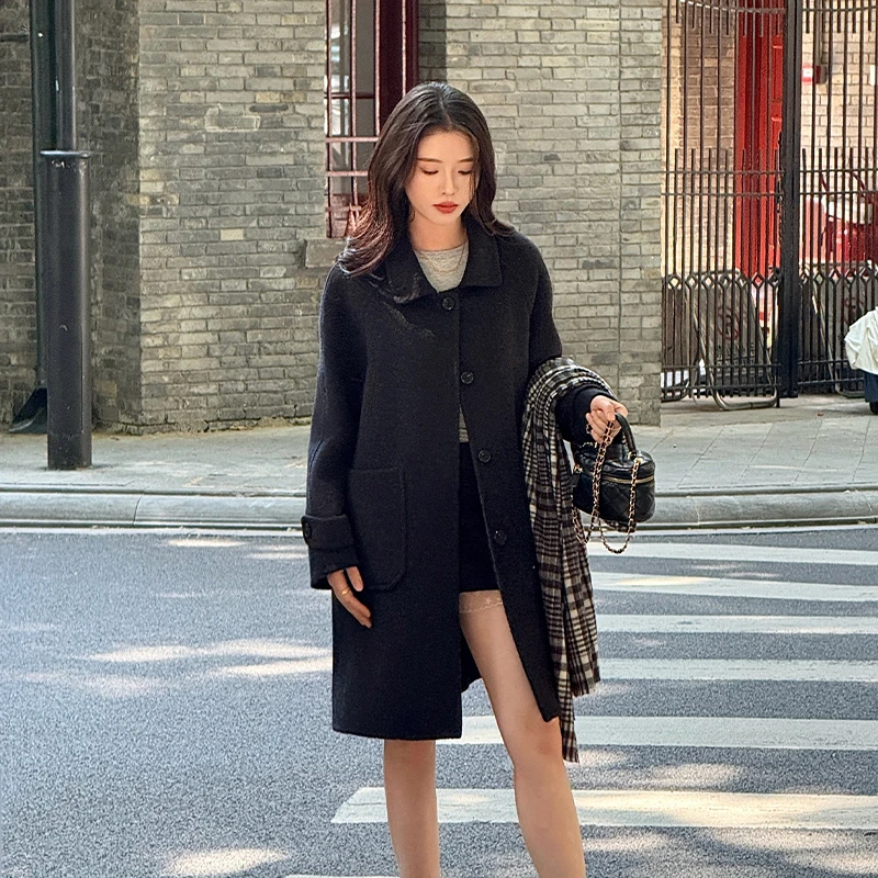 HSTYLE/韩都衣舍韩版双面中长款羊毛外套通勤风百搭宽松女YG8507