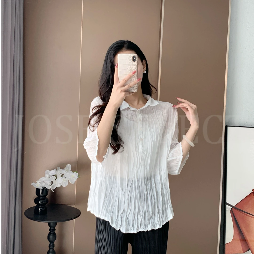 三宅风2025新款水波纹手工捏褶衬衫宽松立领微透时尚外套防晒衫