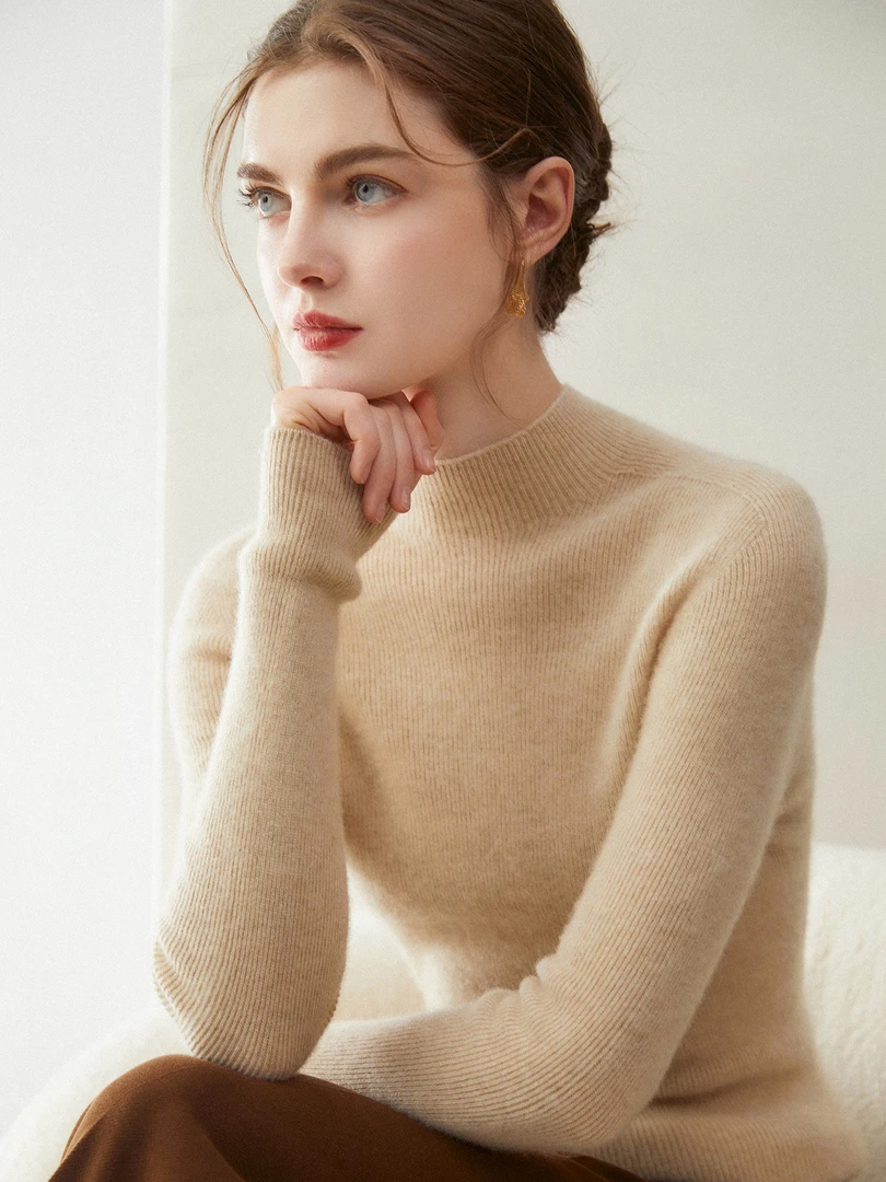 巨显瘦！全身无缝！100%纯山羊绒衫女半高领修身显瘦针织打底衫毛衣