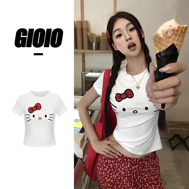 夏季新款kitty正肩短袖t恤女修身显瘦甜辣妹休闲百搭圆领