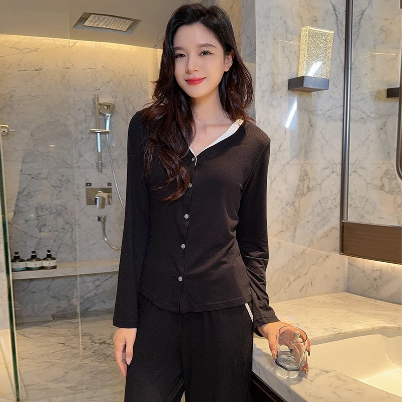 睡衣女士春秋新款棉质长袖亲肤柔软休闲可外穿开衫家居服两件套装