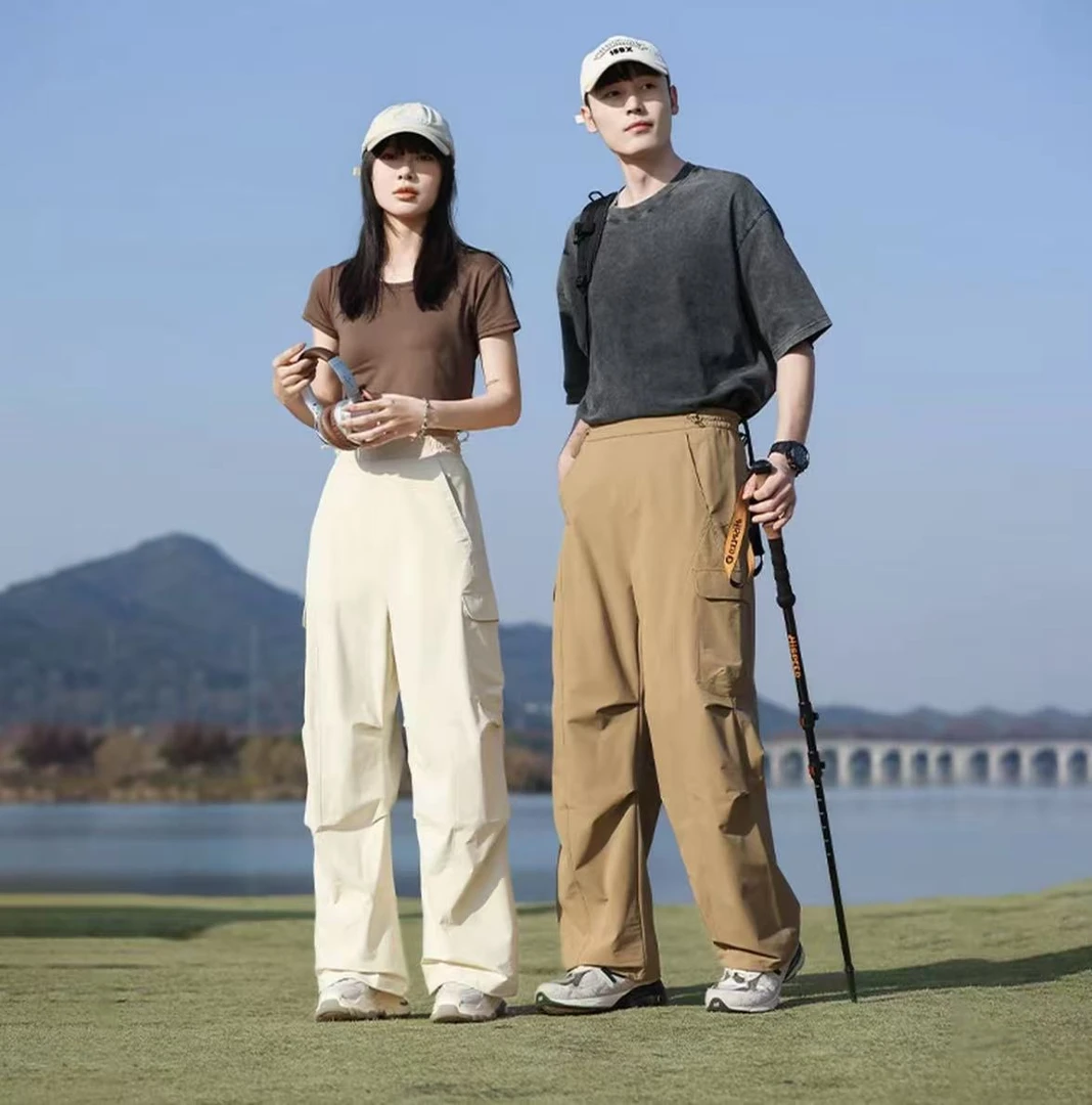 2025爆款情侣百搭直筒宽松透气星星褶皱工装裤阔腿时尚休闲户外裤