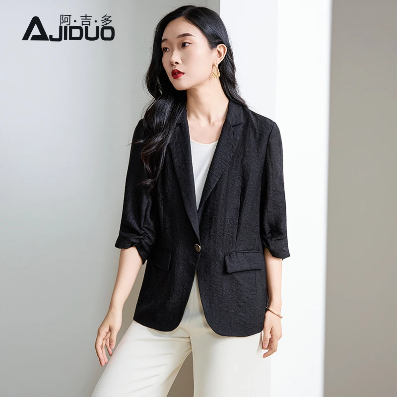 阿吉多黑色西装外套女2025新款夏季提花西服休闲时尚通勤大码上衣
