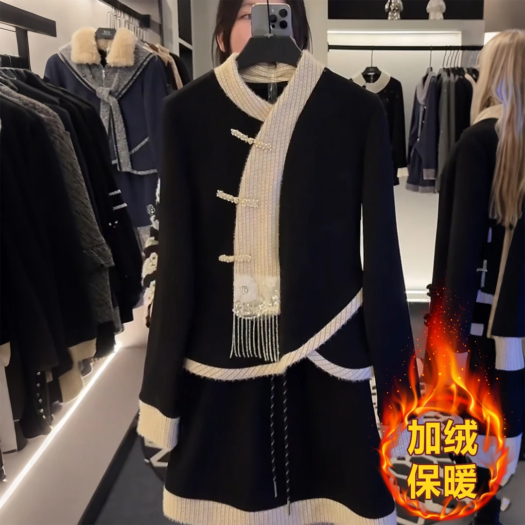 新中式V领加绒保暖卫衣女秋冬季新款宽松高级设计感好看漂亮上衣