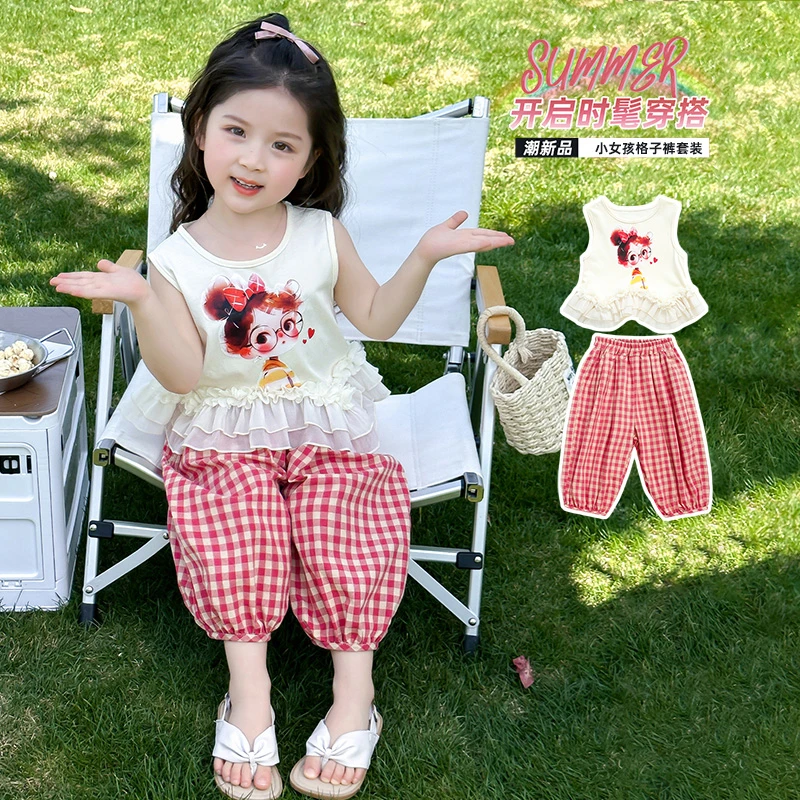 儿童衣服女童夏季纯棉套装2025新款洋气休闲风时髦格子裤宽松夏装