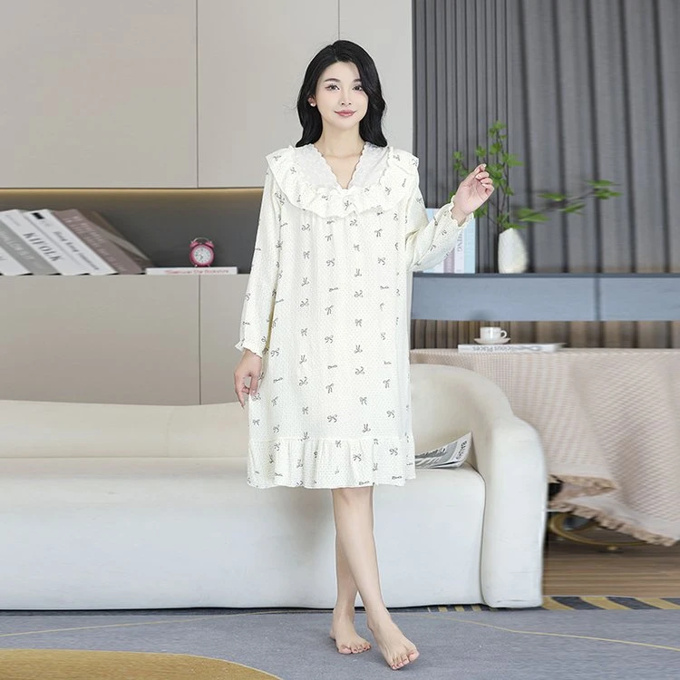 2025新款带胸垫一体睡衣春秋夏款长袖公主风睡裙家居服泡泡纱花边