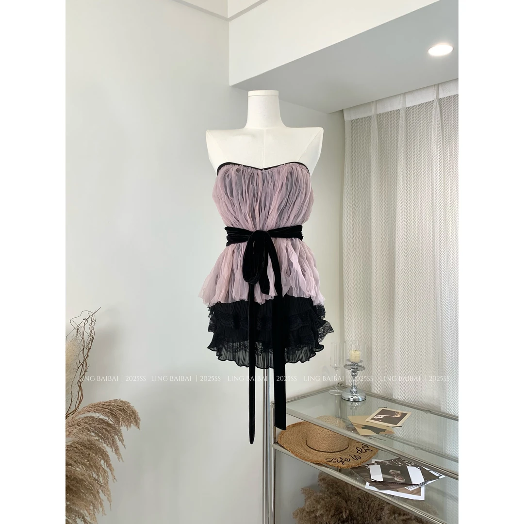 //巴黎织梦//粉色肌理感褶皱抹胸自带胸垫上衣+蛋糕裙+腰封