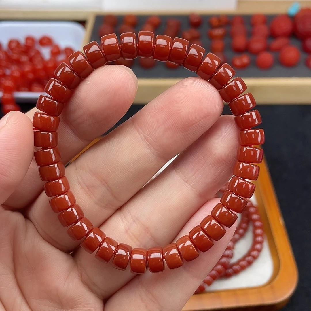 南红玛瑙5号瓦西牛血红卡7.5直切药片手链未镶嵌