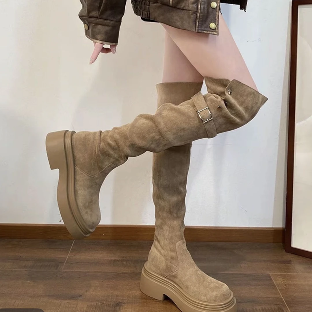 厚底长筒靴女2025年新款秋冬季过膝绒面长靴女款显瘦高筒骑士靴子