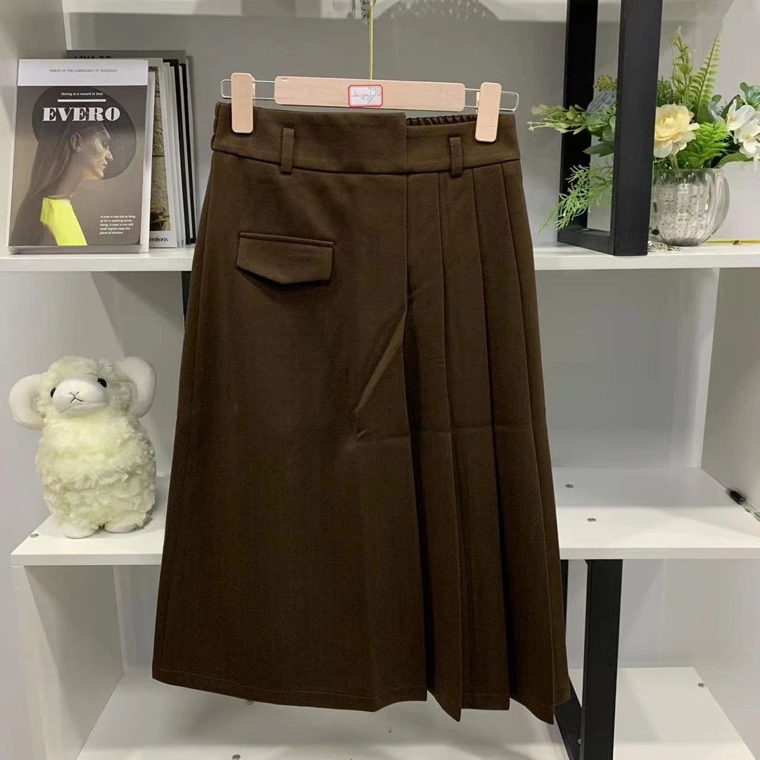 G21896【春季新款】时尚松紧腰咖色百褶百搭口袋半身裙033#