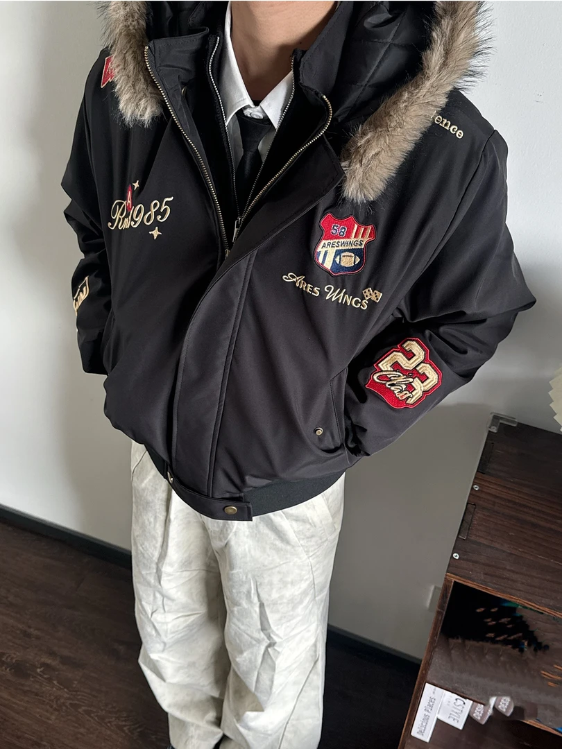 美式复古刺绣徽章座山雕棉衣男女可脱卸帽冬季小众加绒保暖夹克