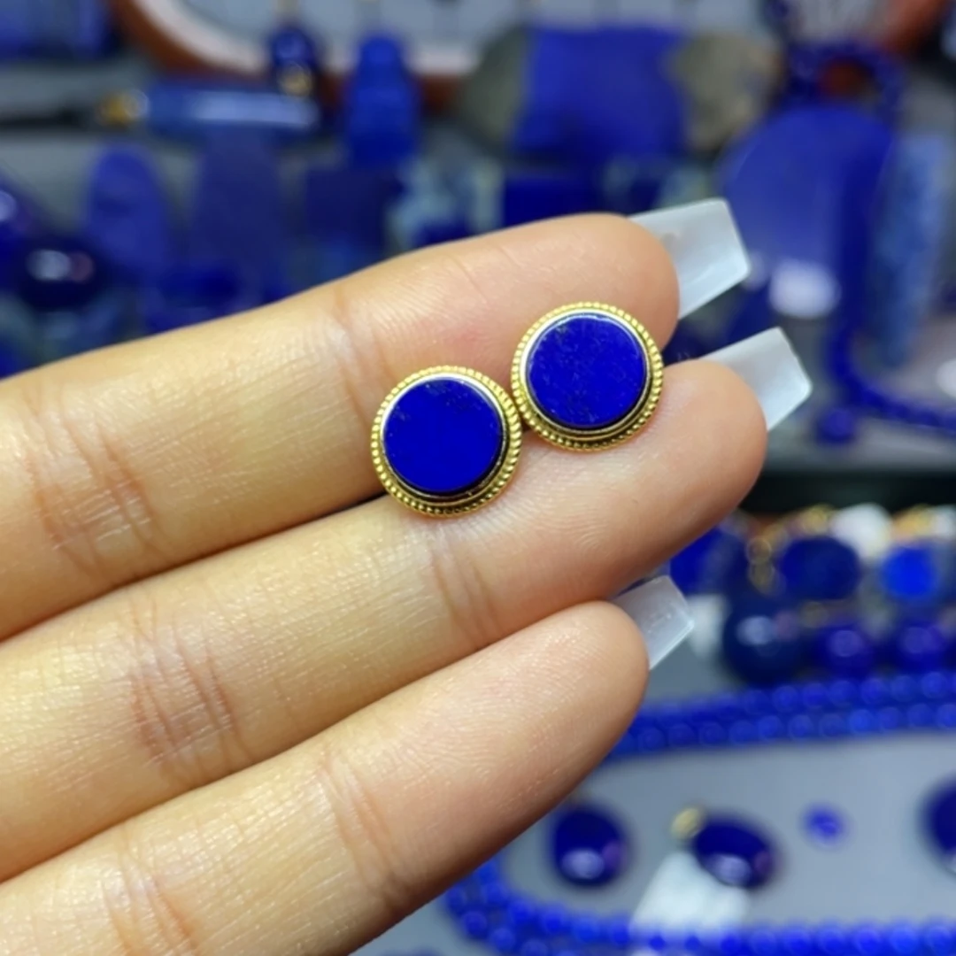 青金石银S925镀金镶嵌10mm耳饰