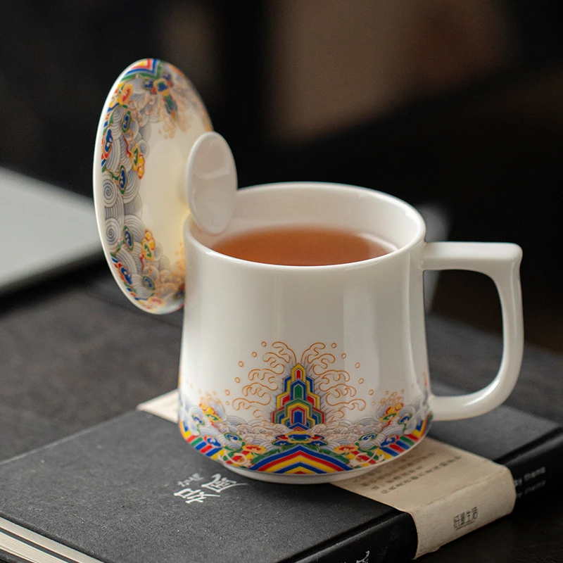 唐丰办公杯陶瓷杯个人专用羊脂玉白瓷办公室杯子带盖水杯马克杯