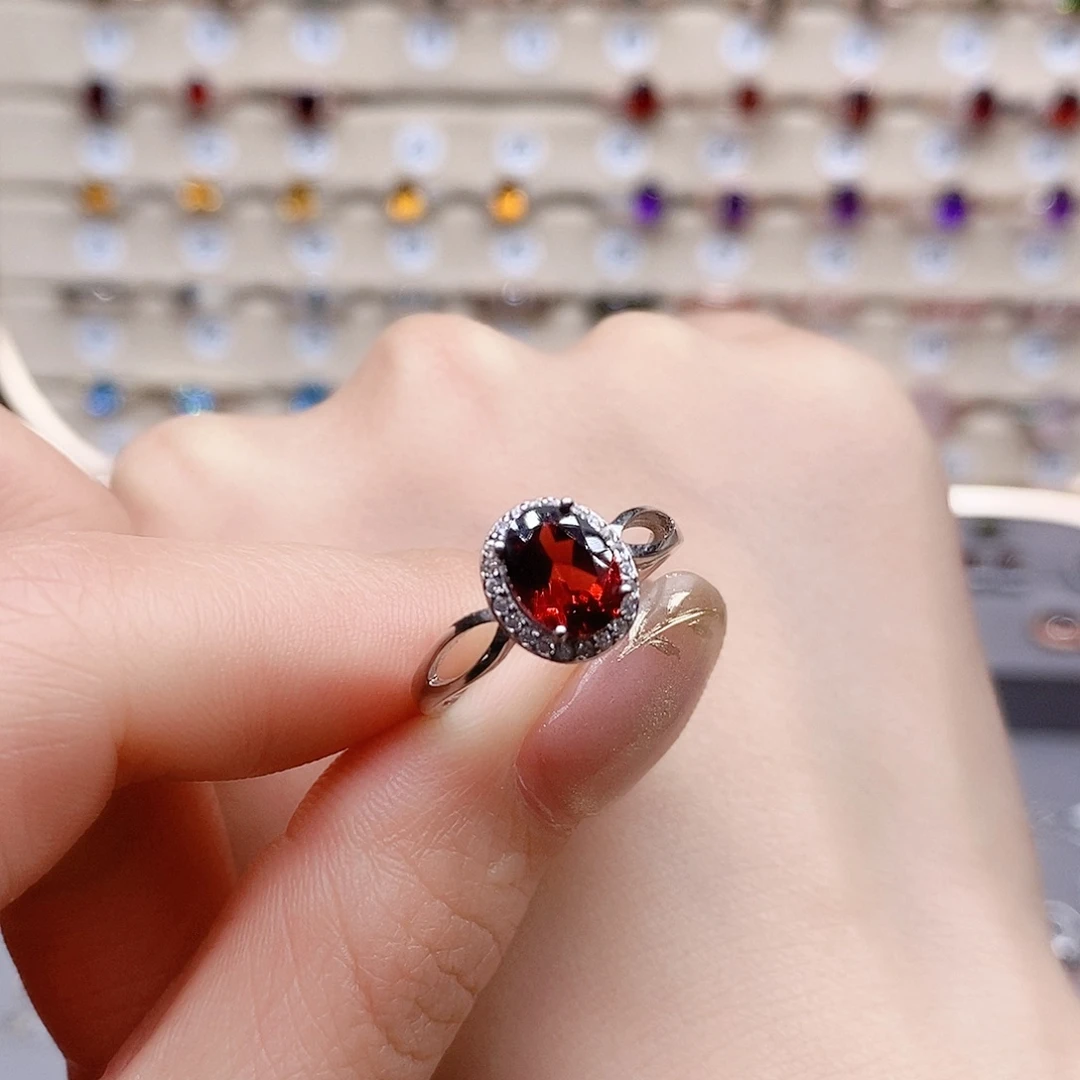 石榴石戒指银S925镶嵌戒指