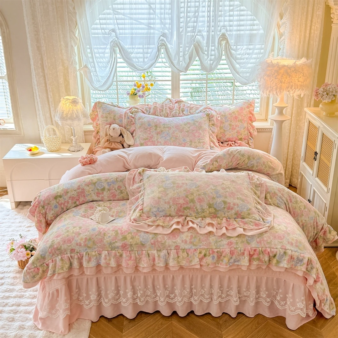 加厚牛奶绒床盖款四件套秋冬保暖双面法兰珊瑚绒被套床单花边床裙