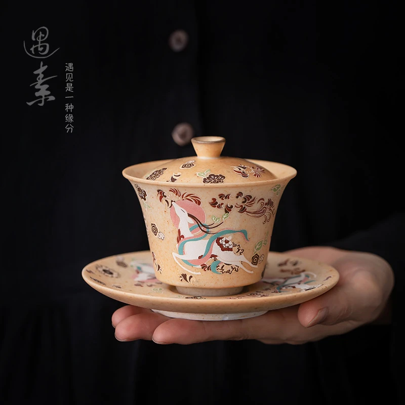 文创敦煌三才盖碗大号茶杯家用功夫茶具泡茶碗创意九色鹿敬茶杯