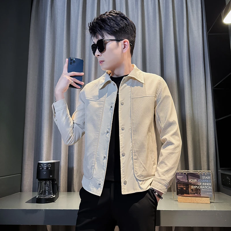 拼接外套男春秋潮牌痞帅小香风翻领夹克2025新款男士春装短款上衣