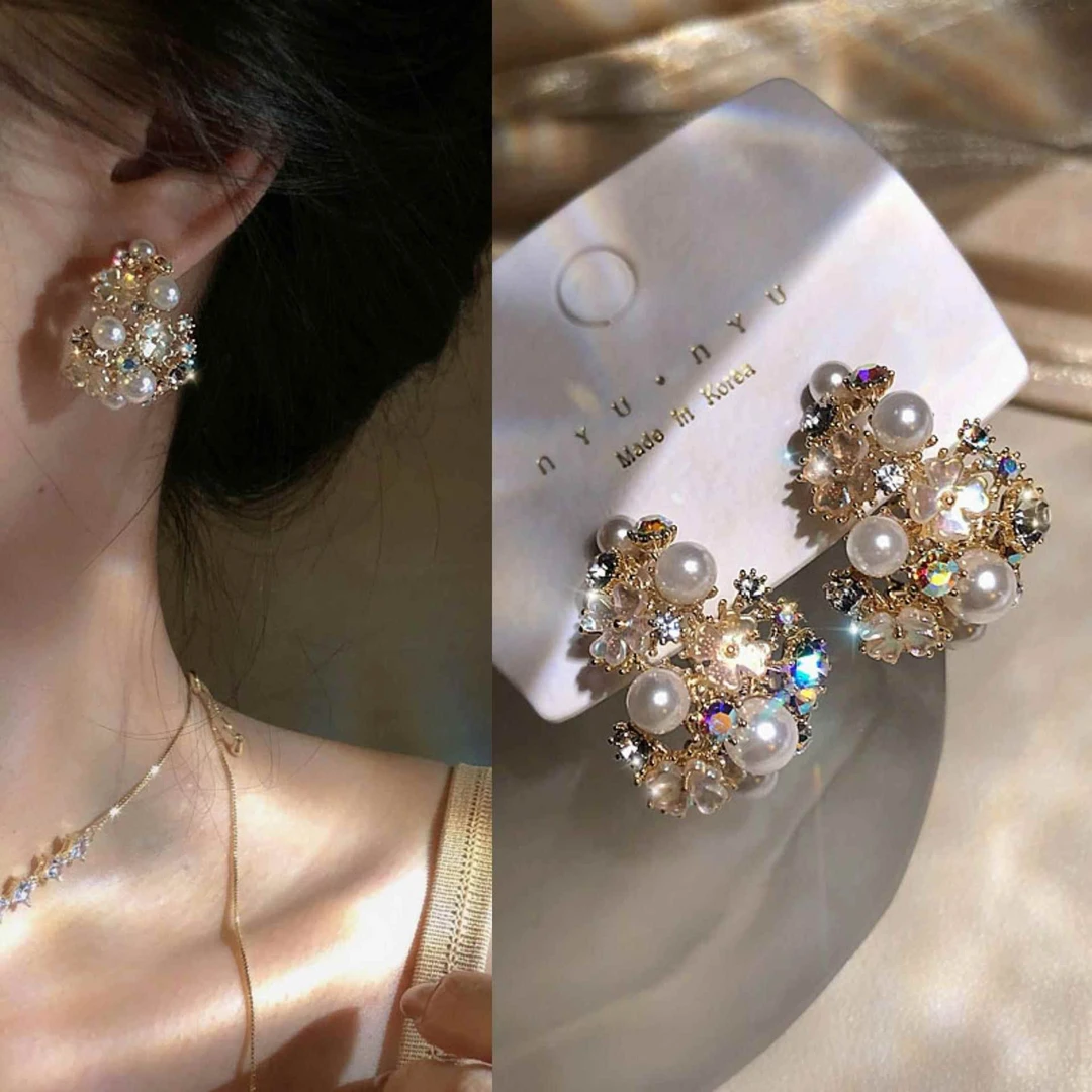 合金耳饰 精致如你 超仙花水滴珠珠耳饰品女气质优雅百搭甜美耳钉