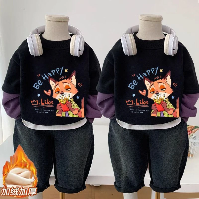 秋冬男童加绒假两件卫衣秋冬一体绒上衣2025新款儿童卡通套头衫潮