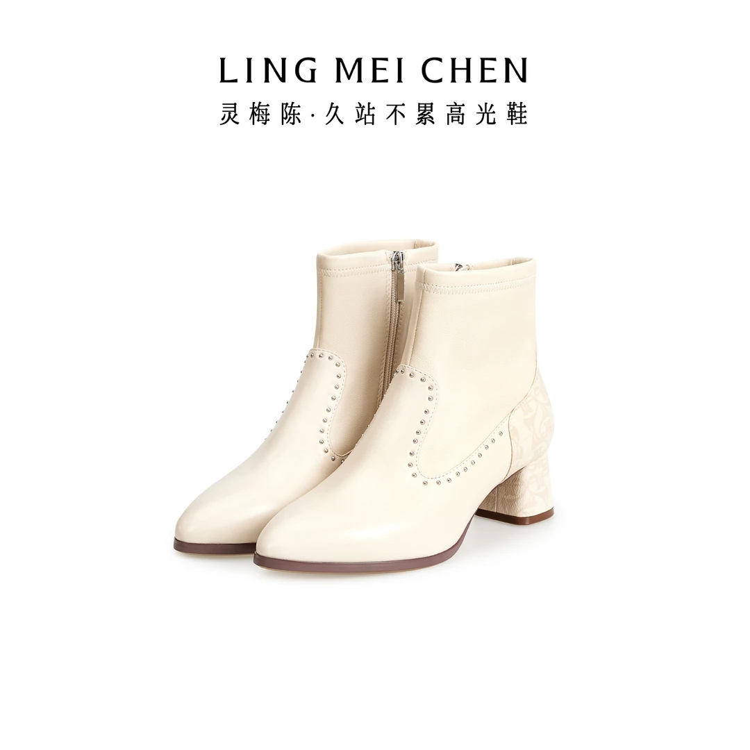【老花铆钉弹力靴】秋冬英伦时尚真皮细跟百搭尖头高跟羊皮短靴