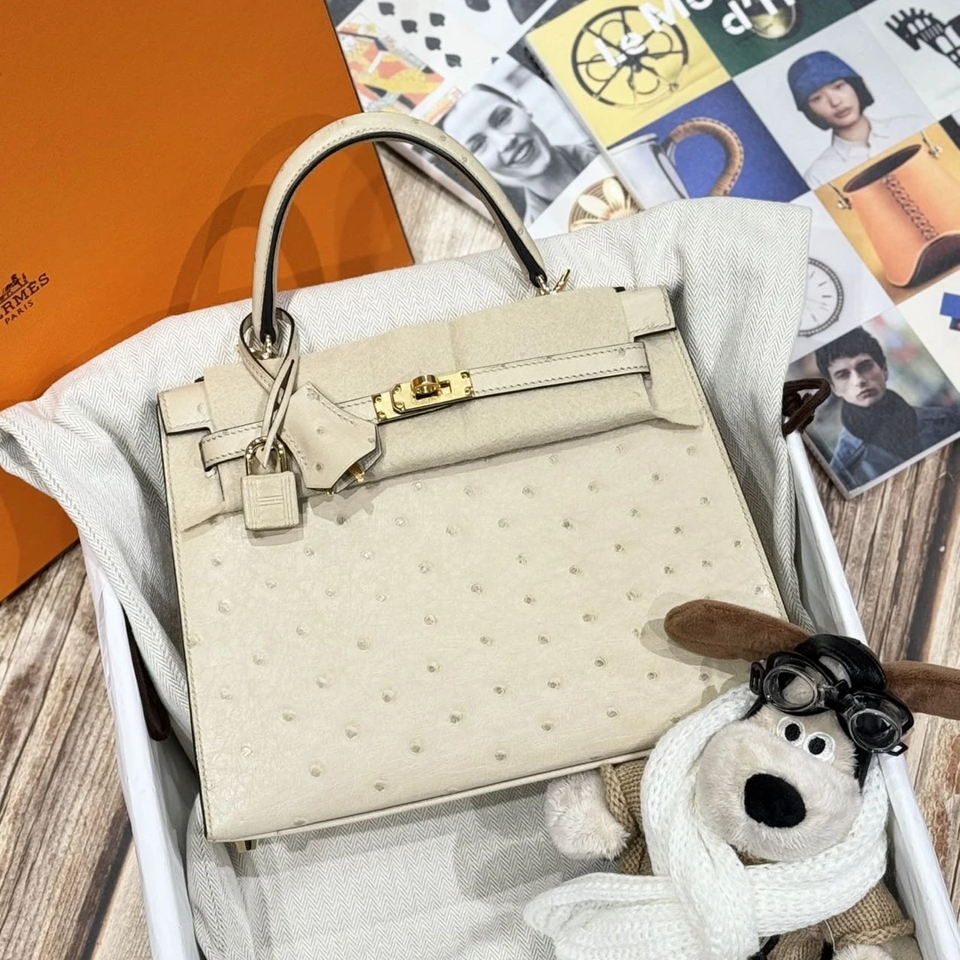 99新 Hermes/爱马仕 lina/爱马仕kelly25包羊毛白金扣 鸵鸟皮