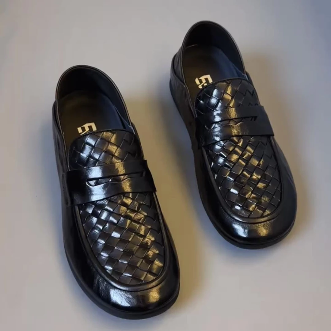 860381欧洲站软皮编织豆豆鞋新款低帮男士一脚蹬舒适透气休闲男鞋