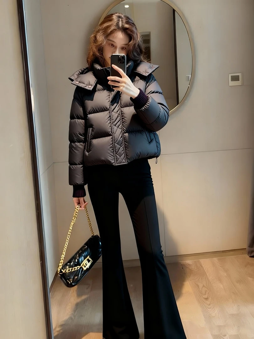 黑色连帽洋气独特别致棉衣棉服女韩系休闲高级感2025超火冬装外套