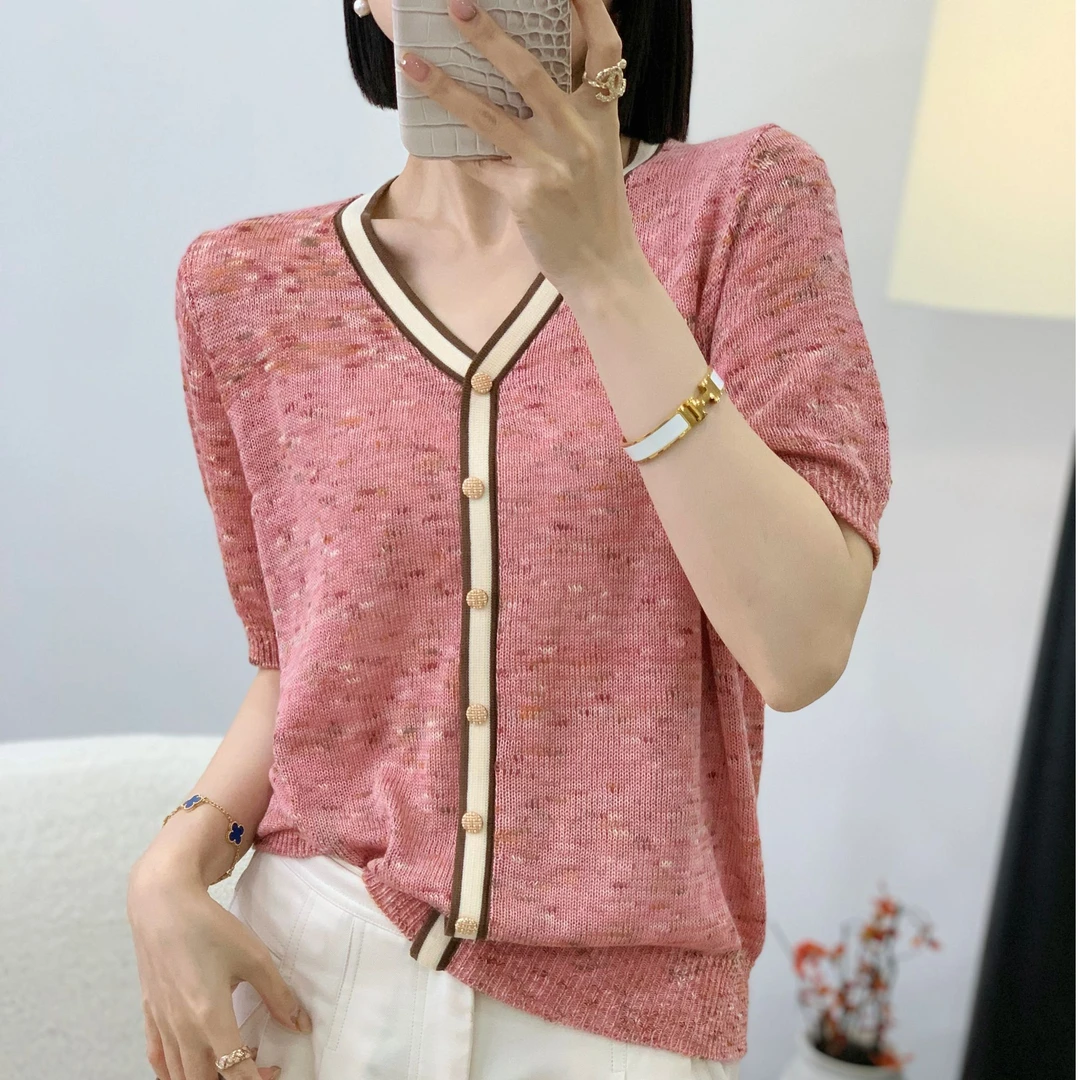 【蓉蓉】2025韩版时尚气质V领花纱提花减龄百搭针织衫A243#