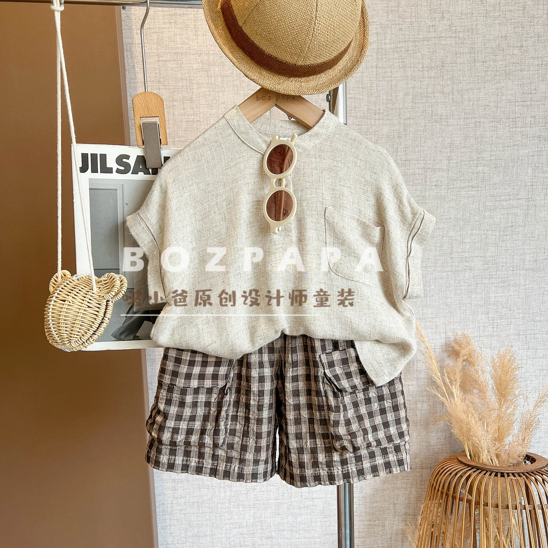 现货设计师【未完情话】2025夏季男童韩系折袖设计侧口袋衬衫套装