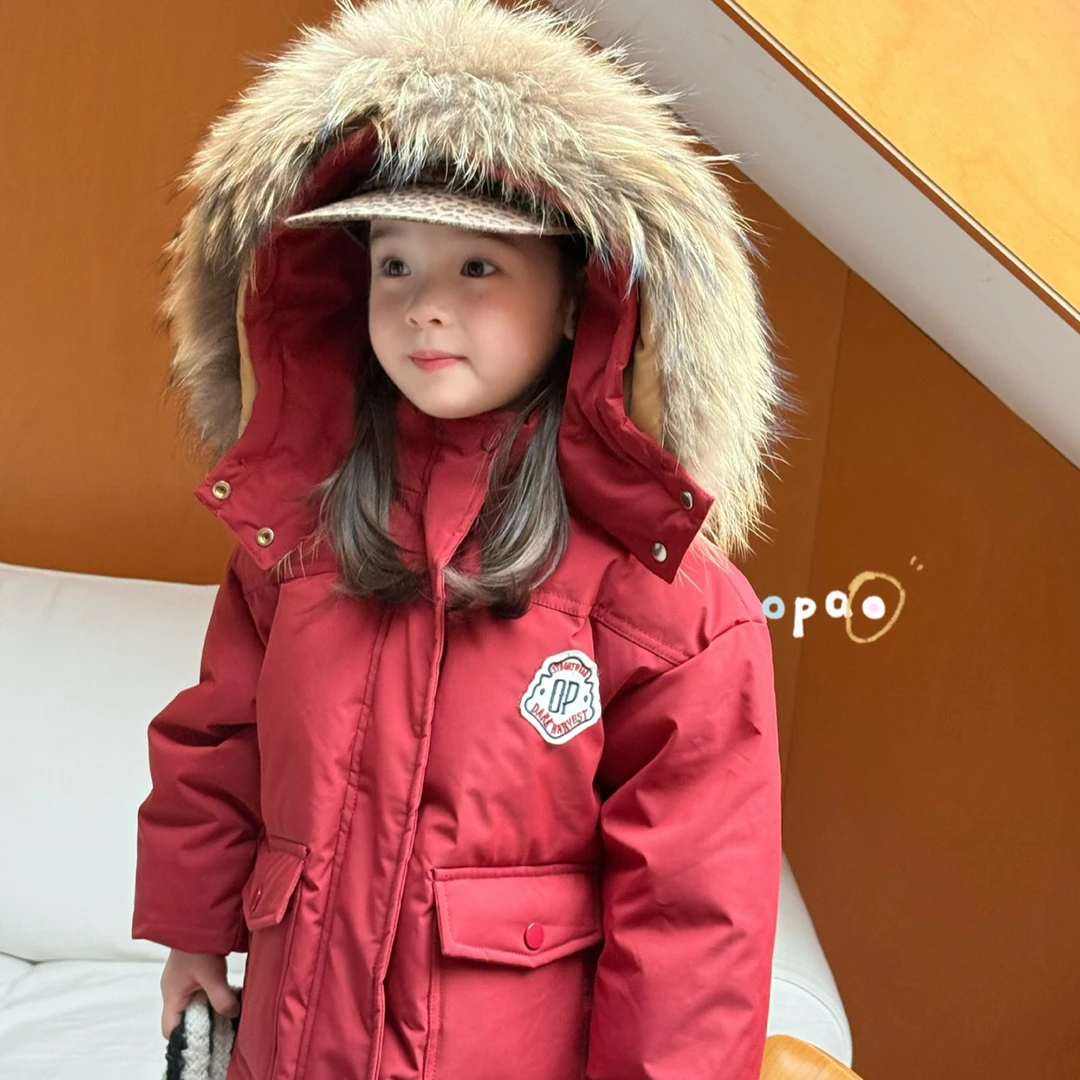 opao25冬款女童小童韩版休闲风大毛领防风羽绒服宝宝加厚外套洋气