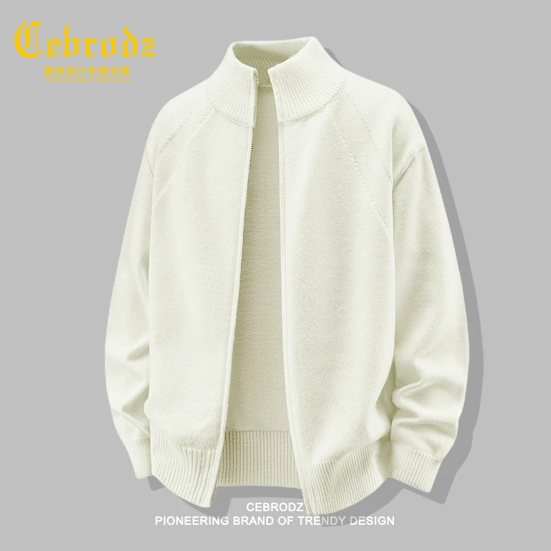 法国Cebrodz日系白色立领开衫毛衣男秋冬新款针织衫毛线衣男百搭
