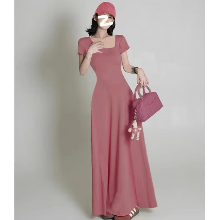 法式简约方领显瘦气质复古女装修身连衣裙赫本风高个子夏季长款