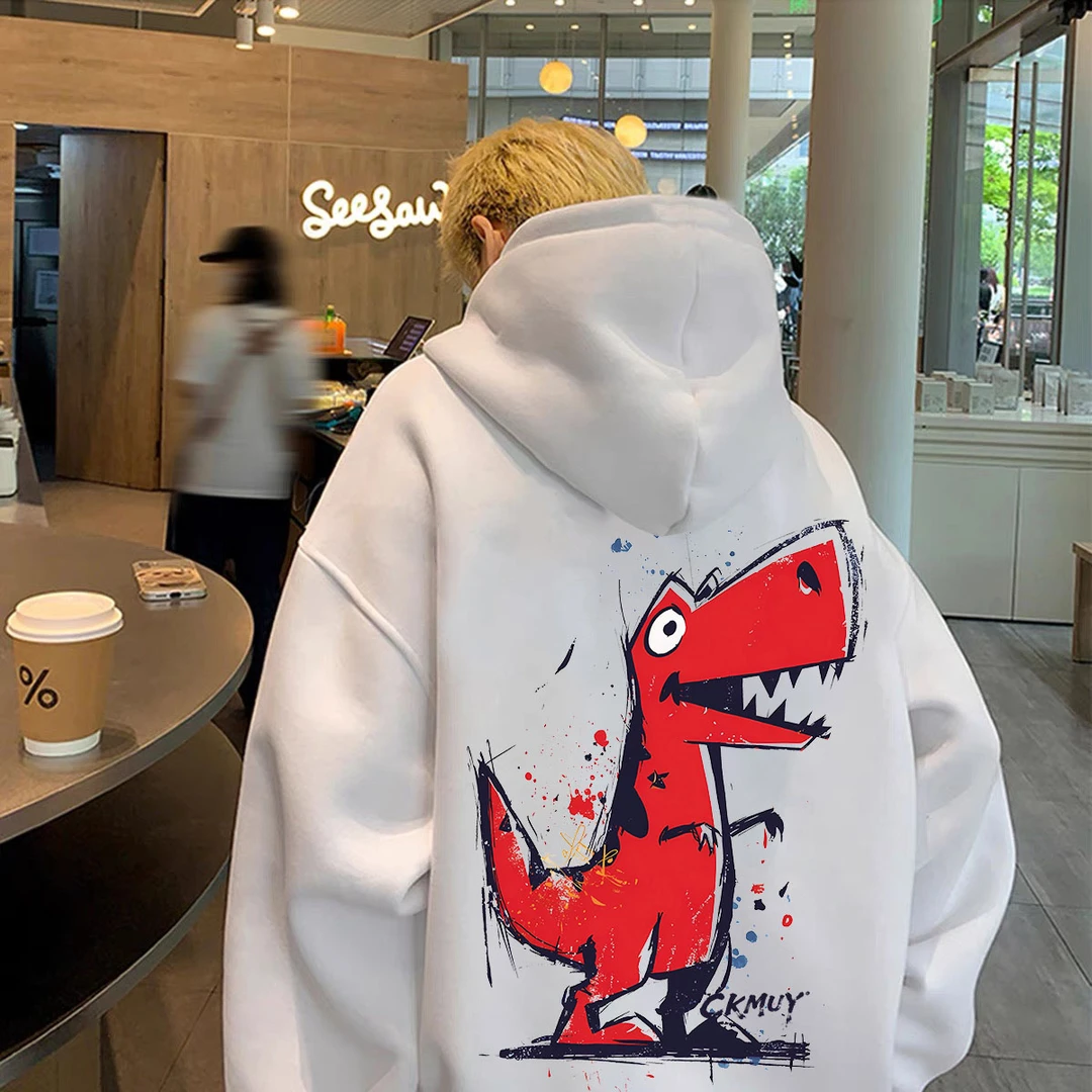 重磅加绒加厚连帽卫衣宽松双层帽趣味涂鸦恐龙男女同款男装秋冬季