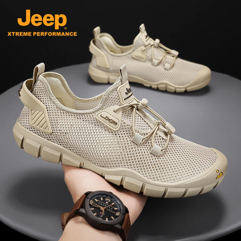 jeep吉普一脚蹬男鞋秋季透气潮牌2025新款运动款休闲网面鞋子男士