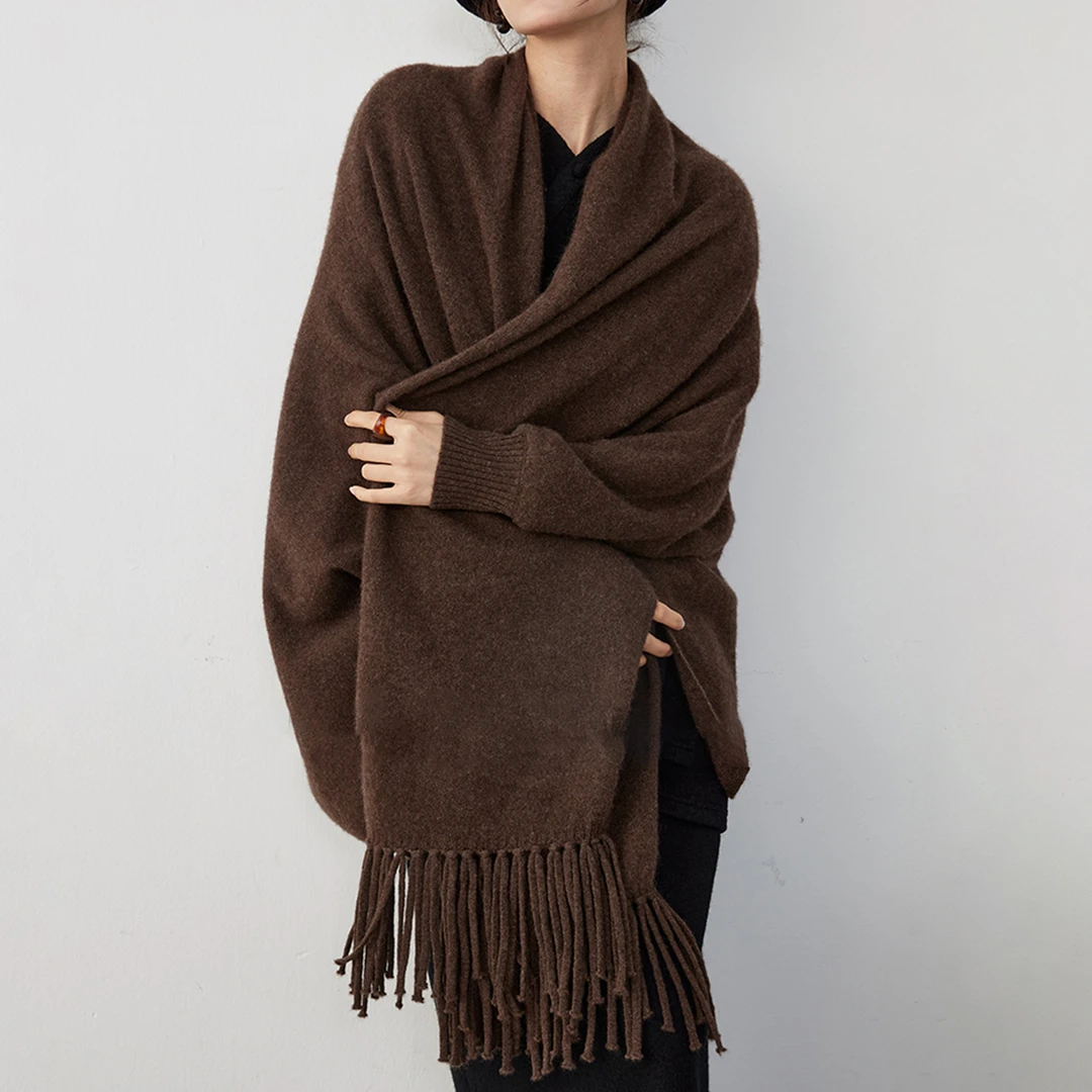 【轻奢披肩】女士宽松羊毛开衫法式轻奢百搭中长款流苏加厚外套披肩