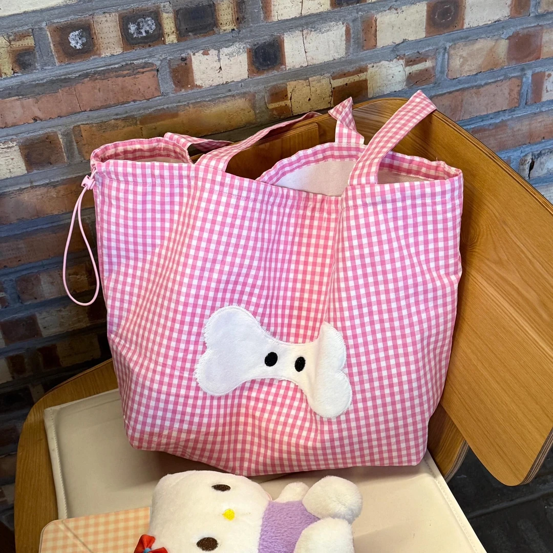 韩系粉色格子小狗帆布包包女2025新款大容量单肩托特包通勤手提袋