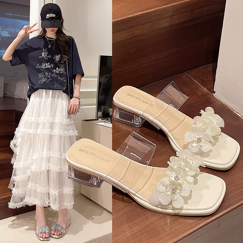 透明水晶粗跟拖一字拖外穿夏季新款花朵仙女风配裙子.