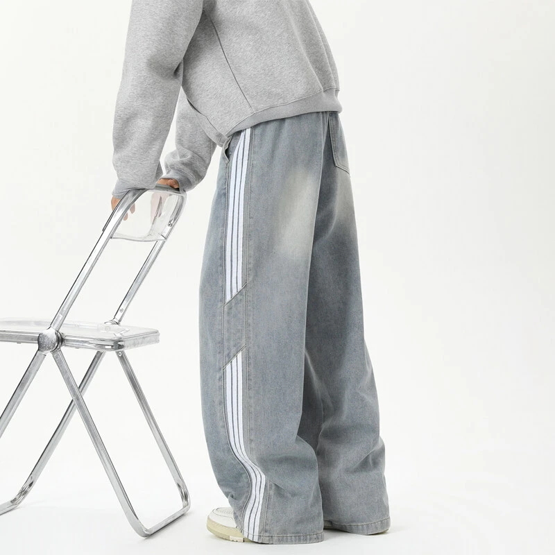 PLQV新款春秋港风大码织带牛仔裤运动休闲裤直筒百搭宽松潮流情侣