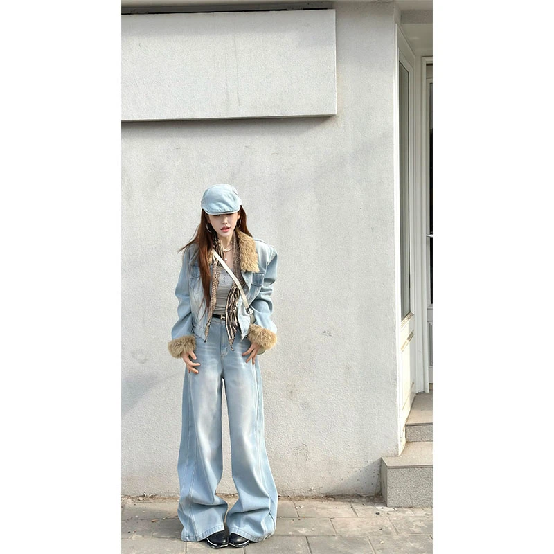 韩版秋冬新款时尚高级感毛毛休闲小众长袖外套高腰直筒阔腿裤套装