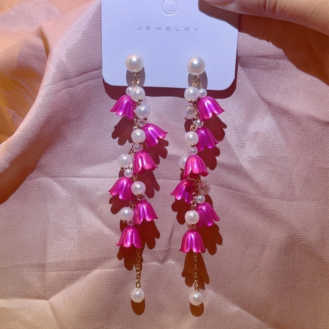 铜合金布艺耳饰 初春铃兰花珠珠流苏时尚耳饰