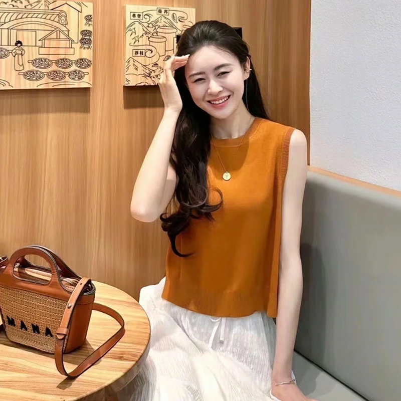 {专柜}商场同款2025春秋百搭圆领开叉冰丝针织马甲背心1399701