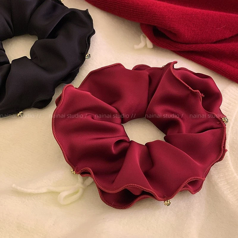 新年红色缎面双层大肠发圈高级感低丸子头水钻发绳黑色头绳发饰