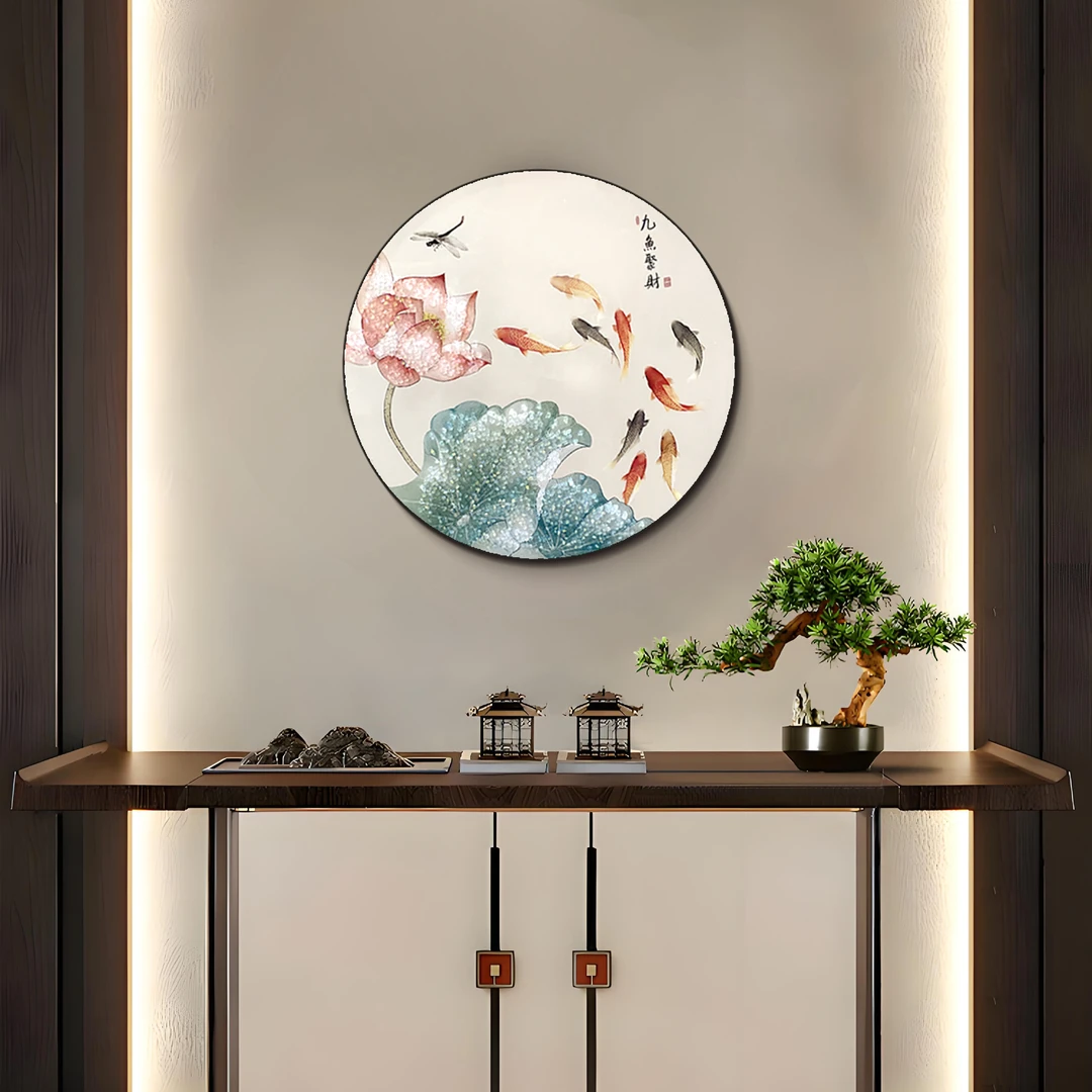 荷花九鱼图玄关装饰画新中式寓意好圆形客厅挂画入户走廊壁画6060