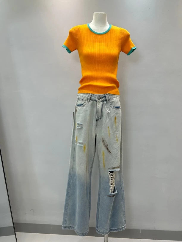 夏季甜美风针织短袖搭配牛仔裤显瘦复古两件套时尚