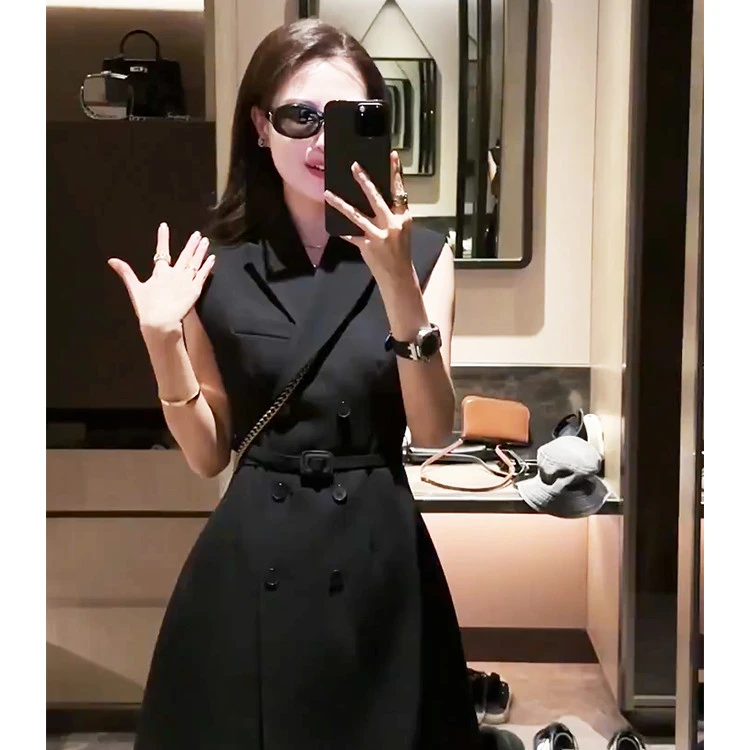 高端精致黑色西装马甲连衣裙正式场合法式小香风无袖职业长裙夏季