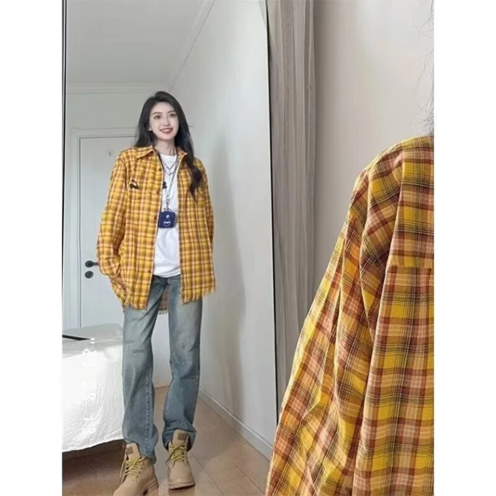 休闲美式多巴胺黄色格子衬衫男女情侣款开衫上衣外套衬衣百搭夏季