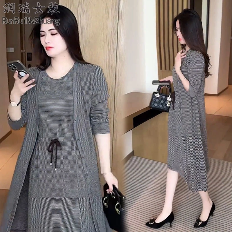 轻熟风时尚套装女2025秋季新款宽松显瘦中长款外披+连衣裙两件套