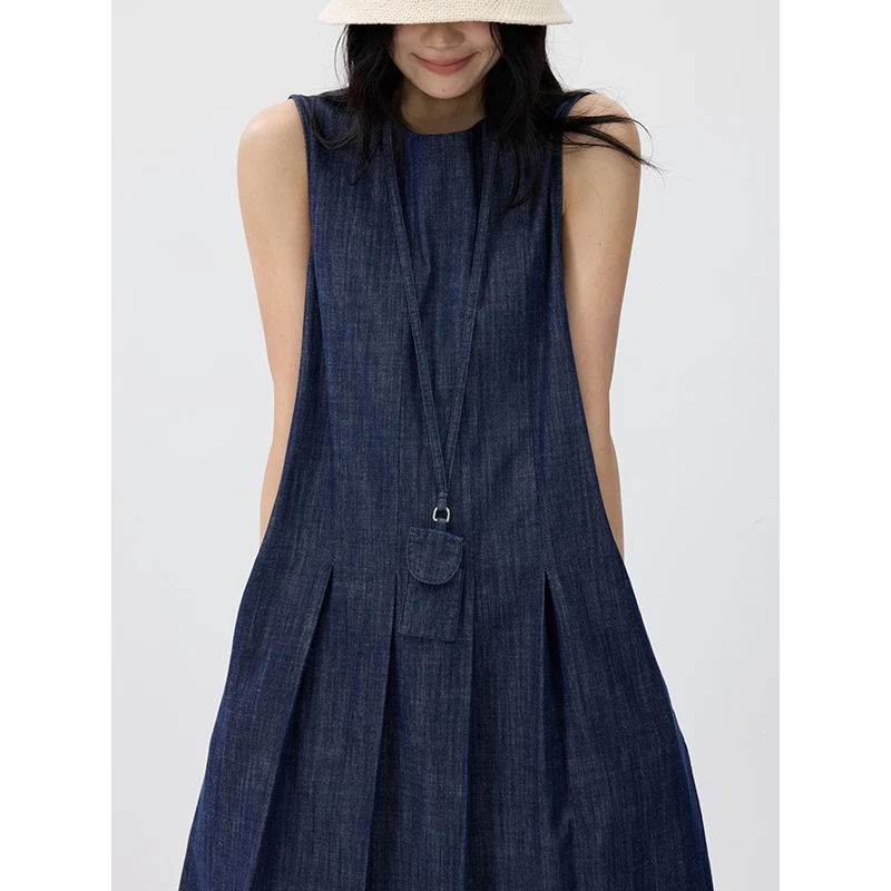 钱谷谷 韩版复古无袖显瘦下摆压褶配包包牛仔连衣裙 H8037