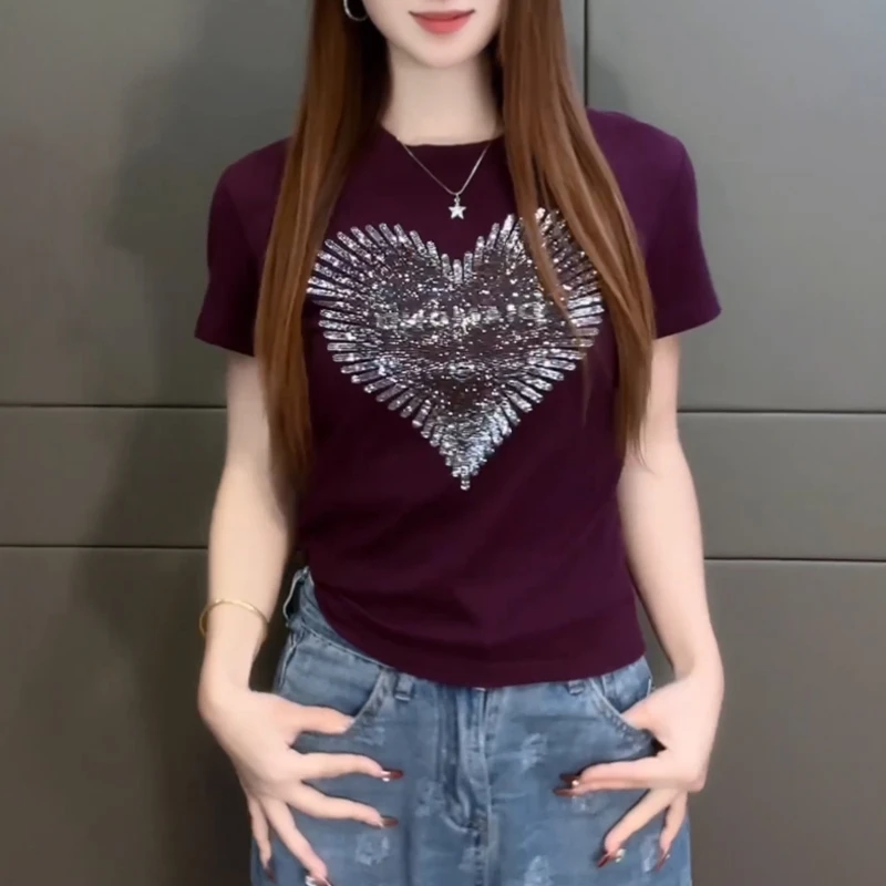 2025洋气新款设计爱心烫钻短袖t恤女显瘦百搭上衣夏装圆领打底衫