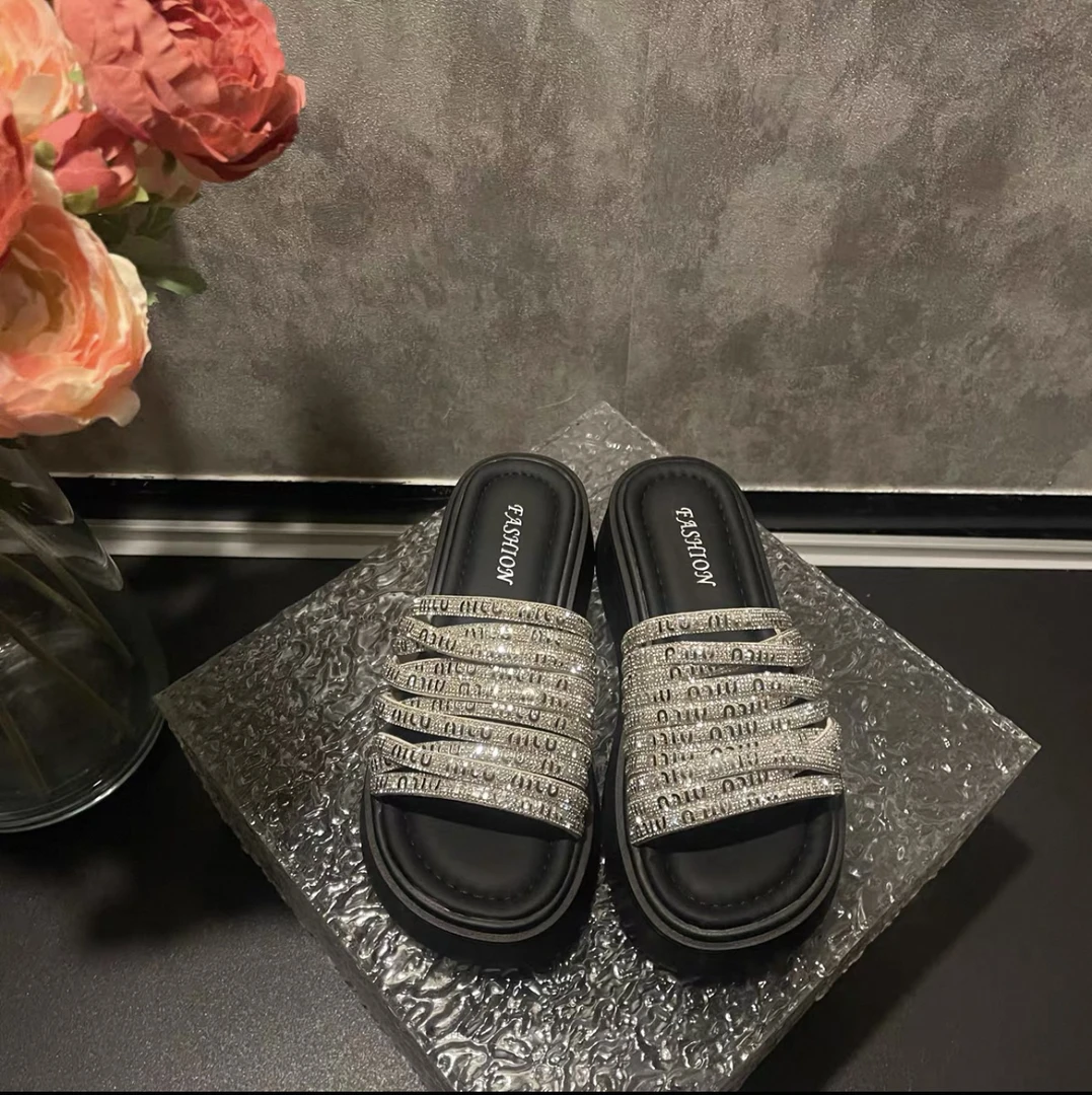 【Ayxa】011-夏季新款水钻条气质网红时尚百搭简约厚底舒适拖鞋